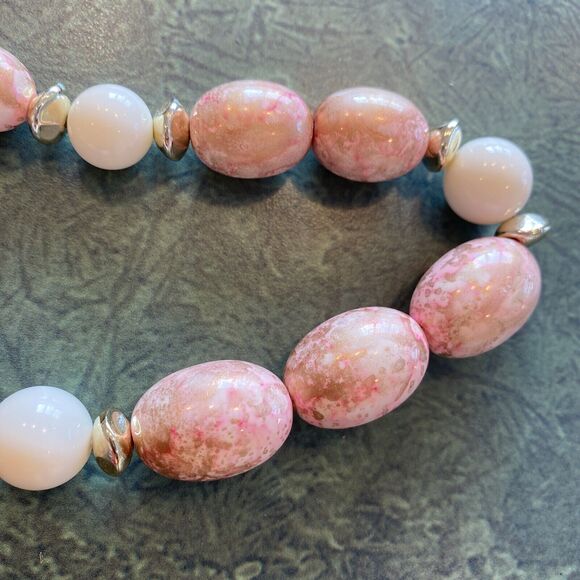 Vintage Mid Century Beaded Necklace Pink Cream Gold Mottled Beads Classic 1960's - Picture 8 of 8